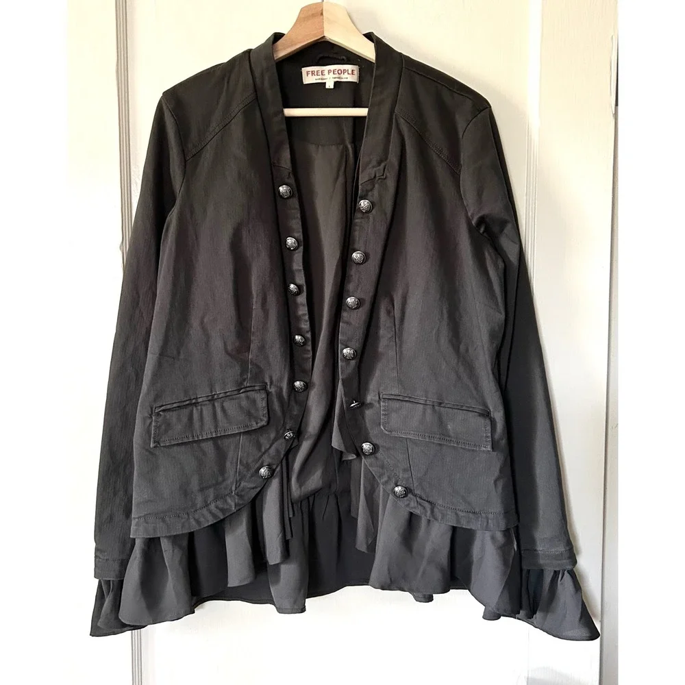 NWT Free People Ruffles Romance Military Jacket Washed Black L Trendy Festival